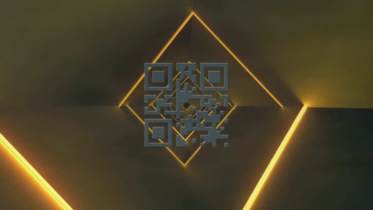 animación del código qr de neón que se mueve en el espacio digital amarillo