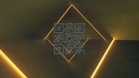 Animation-of-neon-qr-code-moving-in-yellow-digital-space