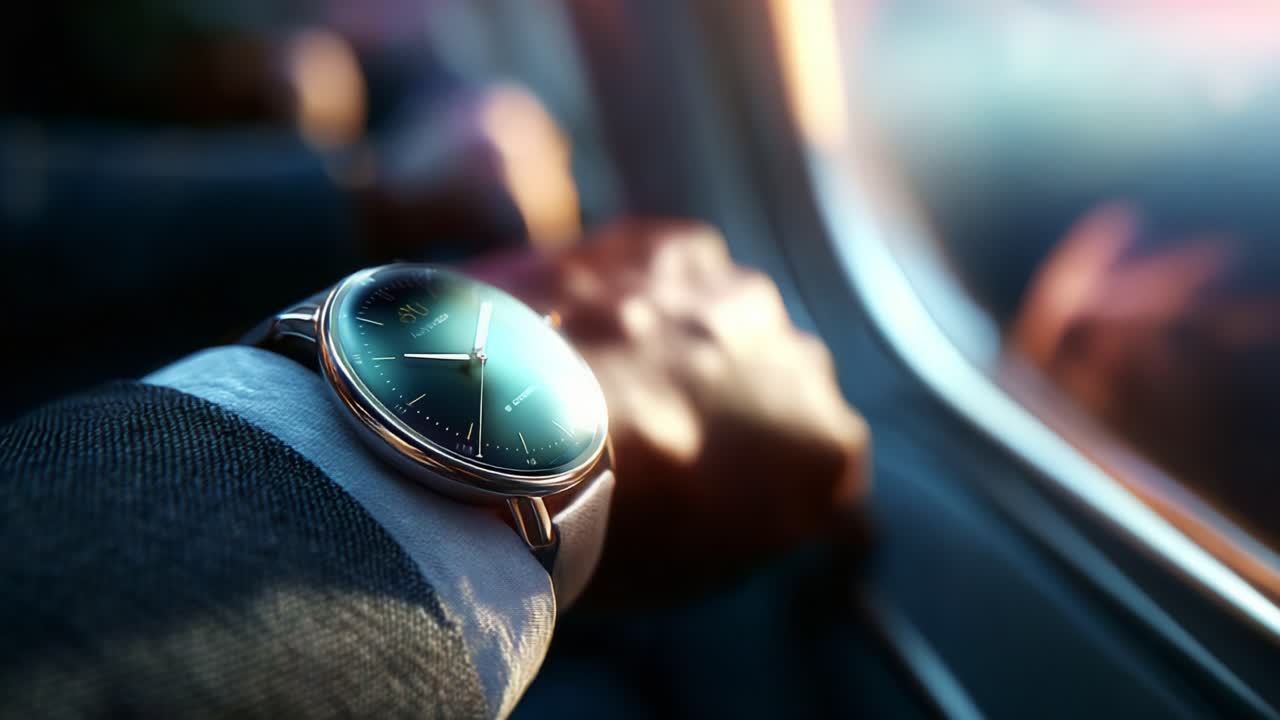 A Close-Up of a Stylish Watch on a Passenger's Wrist, Captured Through an Airplane Window as the Sun Sets, Indicating the Passage of Time and Travel Experience