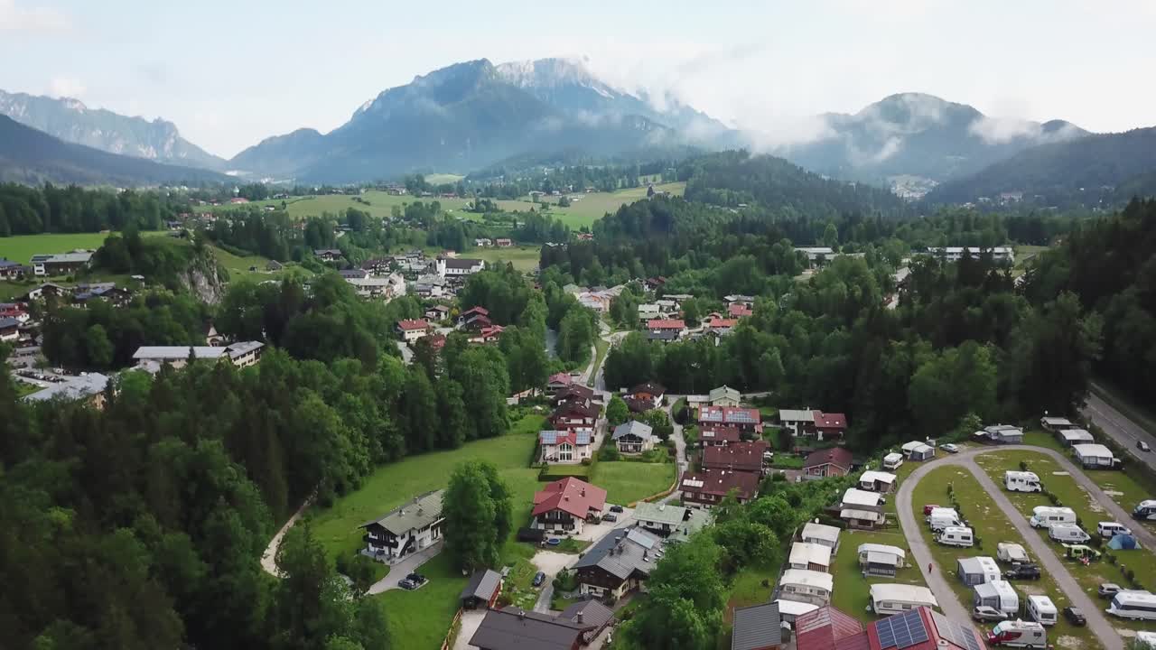 Tilting aerial view of Berchtesgaden in Germany's beautiful countryside