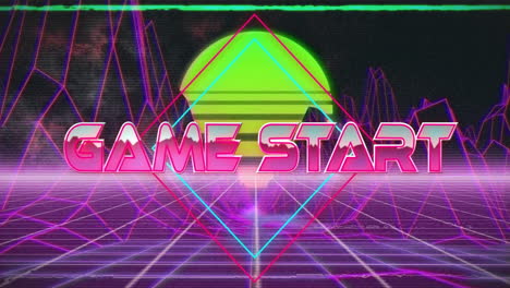 game start text over neon geometric shapes and retro-futuristic grid animation