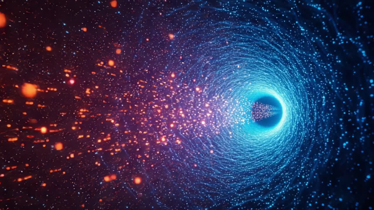 A mesmerizing visual journey through a cosmic tunnel, showcasing the vibrant contrasts of red and blue particles swirling together in a stunning display of motion and energy