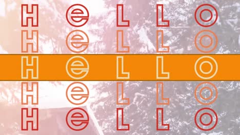 animación de hello sobre el paisaje del bosque de invierno