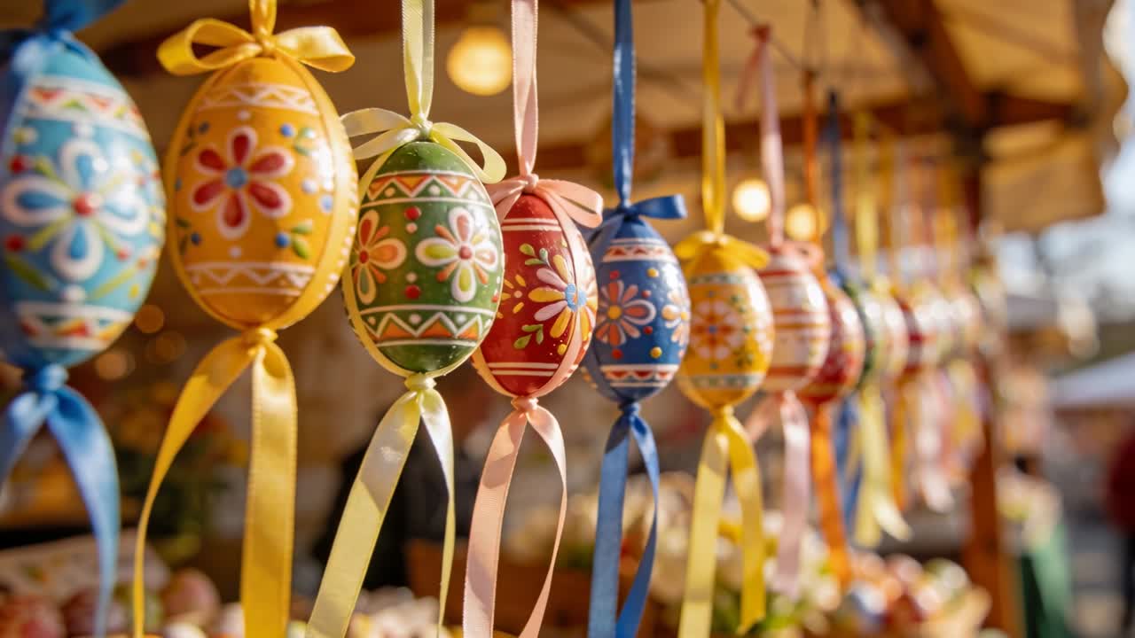 Moving camera focusing on painted eggs with satin ribbons at market stall showing details