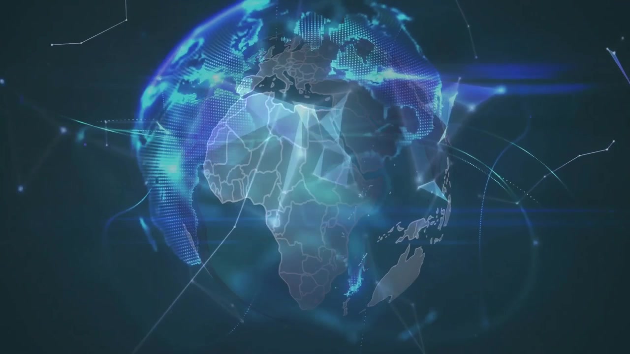 Poligoni luminosi che appaiono, linee che fluttuano, allineandosi in un globo 3D rotante che mostra una rete globale