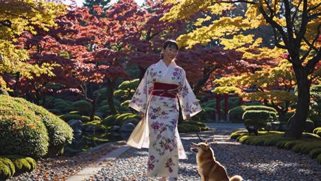 a woman in a floral kimono walks a dog in a serene garden with autumn leaves