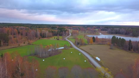 aerial drone shot, over the countryside, towards colorful autumn trees and a lake, on a cloudy fall day, in sweden