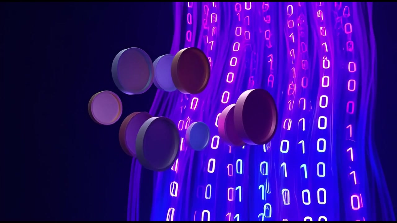 Digital Coins Dissolving into Binary Data Stream