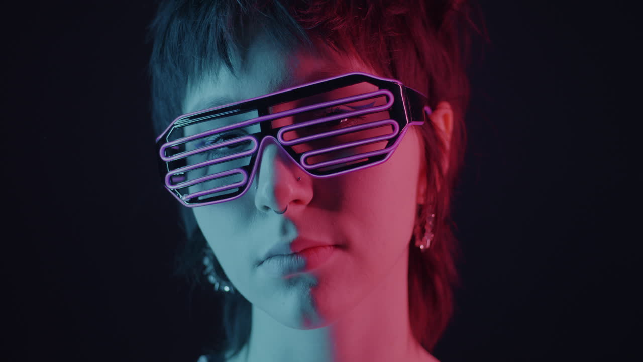 Neon-Lit Portrait of Woman with 80s Style Glasses