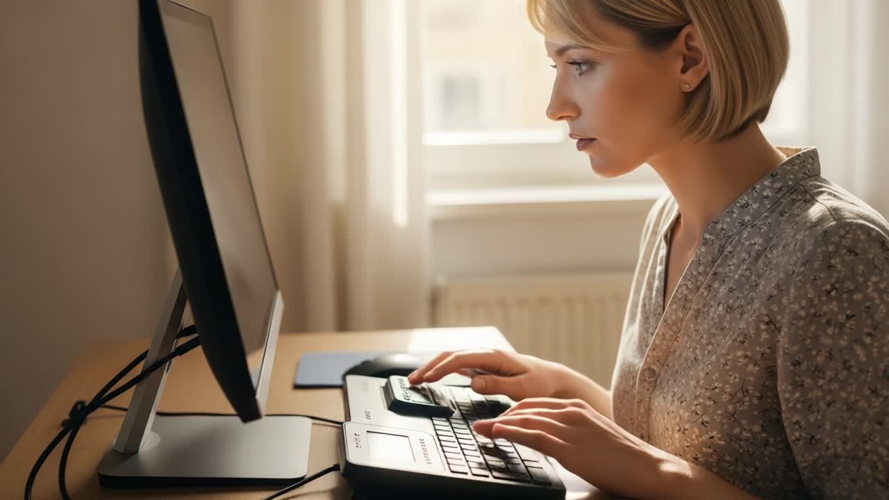 Focused Woman Engaged in Work on Computer, Demonstrating Concentration and Productivity in a Bright, Modern Environment Enhancing Remote Work Experience