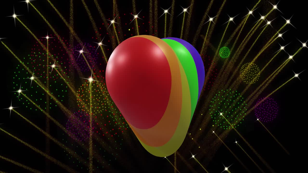 자존심의 애니메이션 무지개 심장과 검은 바탕에 폭발하는 불꽃놀이