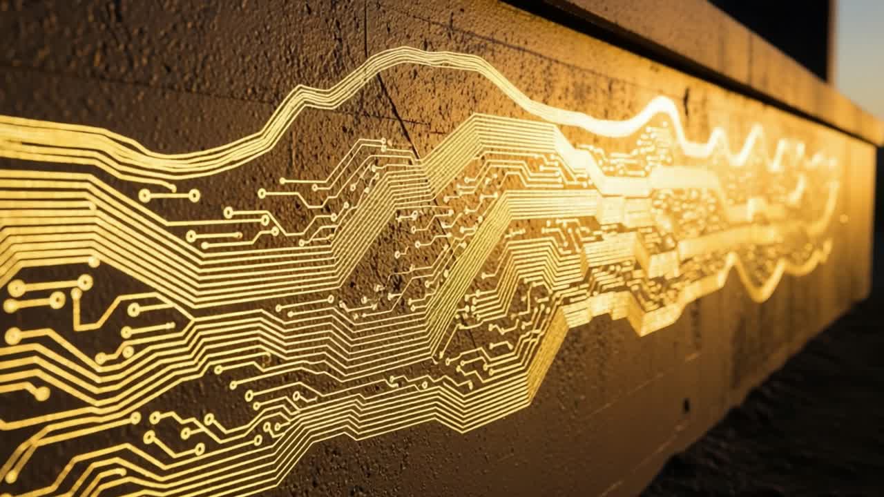 A Stunning Display of Electronic Circuitry Art: Illuminating Patterns on a Wall at Sunset Capturing the Essence of Technology and Innovation in Urban Design