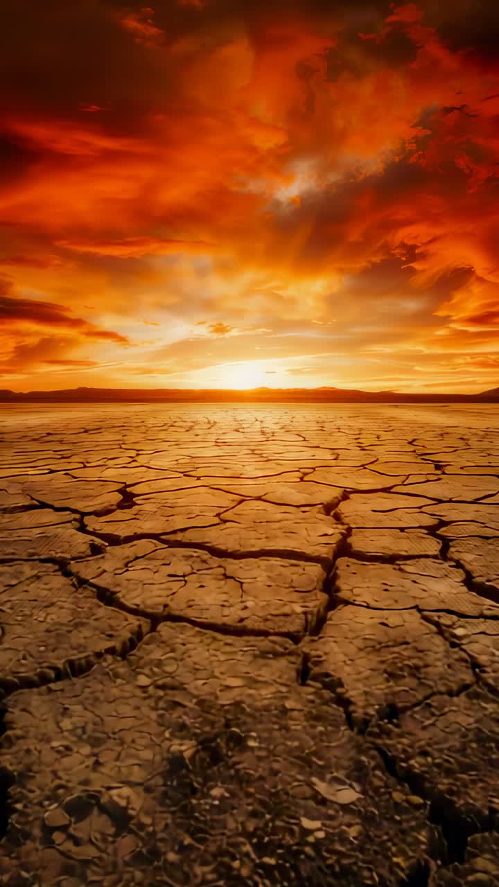 Vertical video: Pulling back camera revealing cracked soil moving toward sun at dry playa, red sky