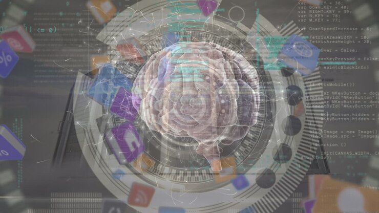 Animation of rotating brain and books with technology icons over data processing and servers
