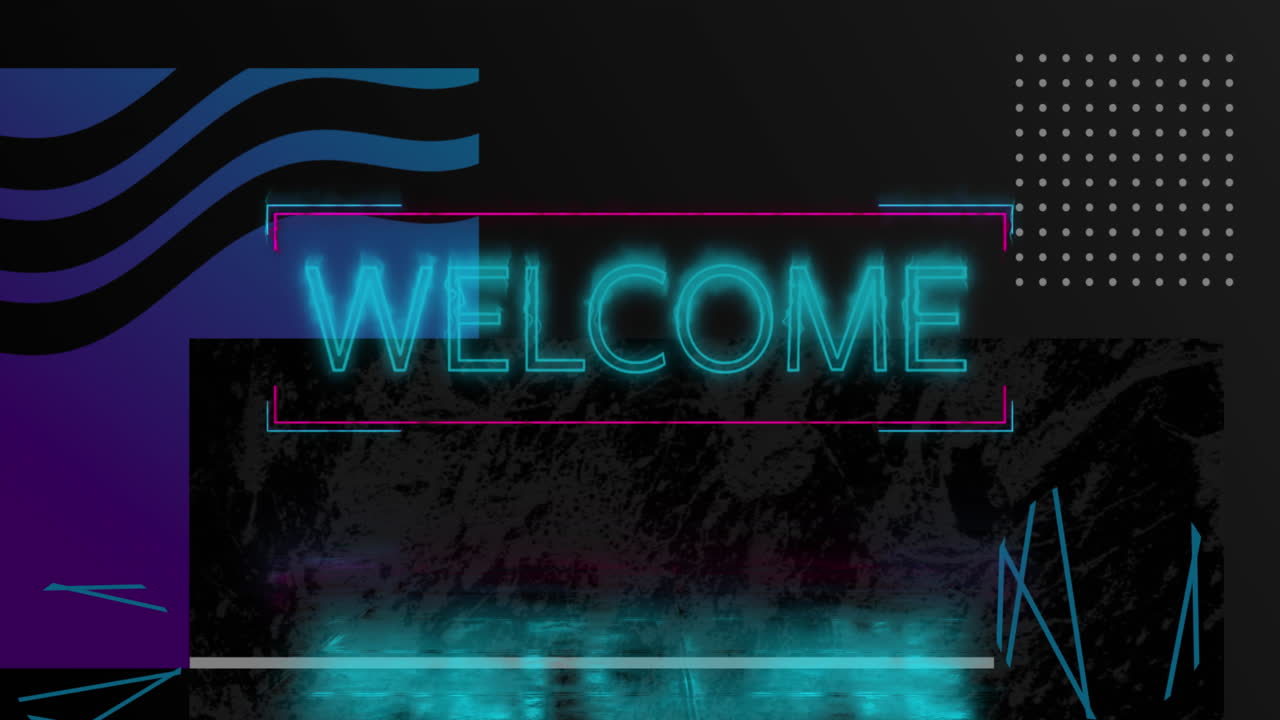 Animation of neon blue welcome text banner and abstract shapes against black background
