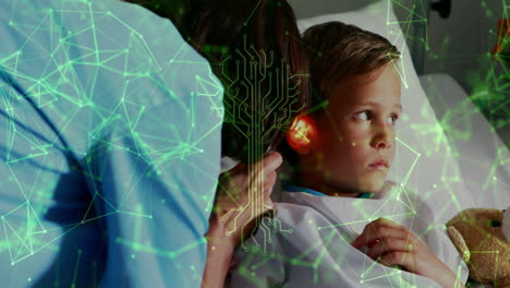 examining child, healthcare professional with digital network and circuit overlay animation