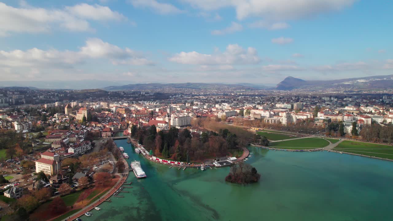 Amazing aerial of Annecy, France. Lac Annecy, Thiou River, Old Town and Gardens