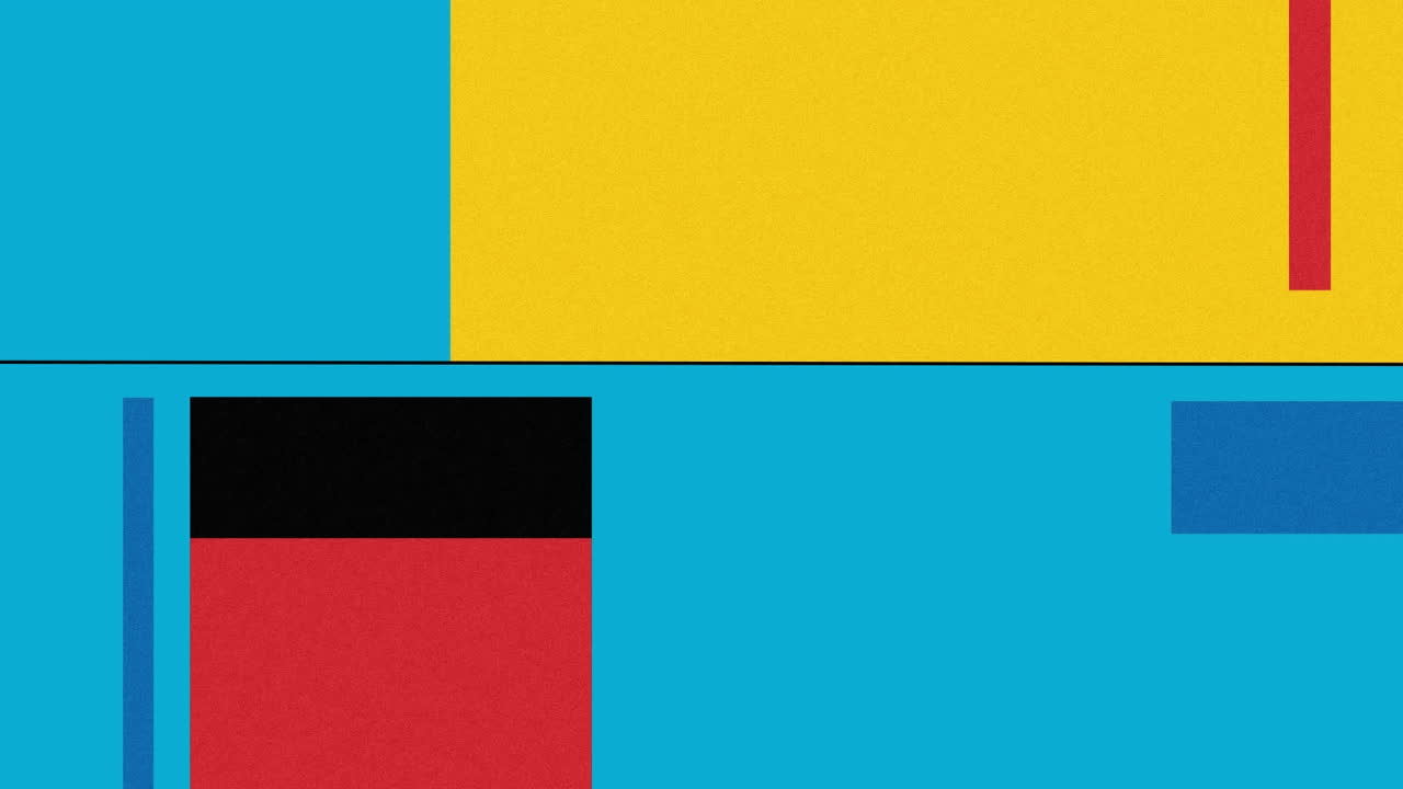 animación de formas en colores amarillo, azul y rojo sobre fondo azul