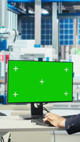 vertical video photovoltaics factory worker analyzes data on green screen pc, reviewing metrics