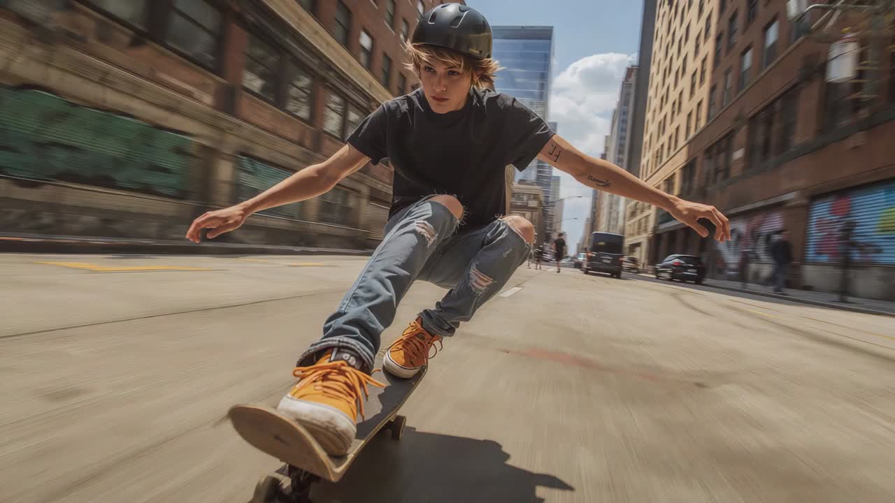 Skateboarder intagliatore con casco, scarpe arancioni, che sfreccia in discesa nel centro lungo una linea per mantenere l'equilibrio