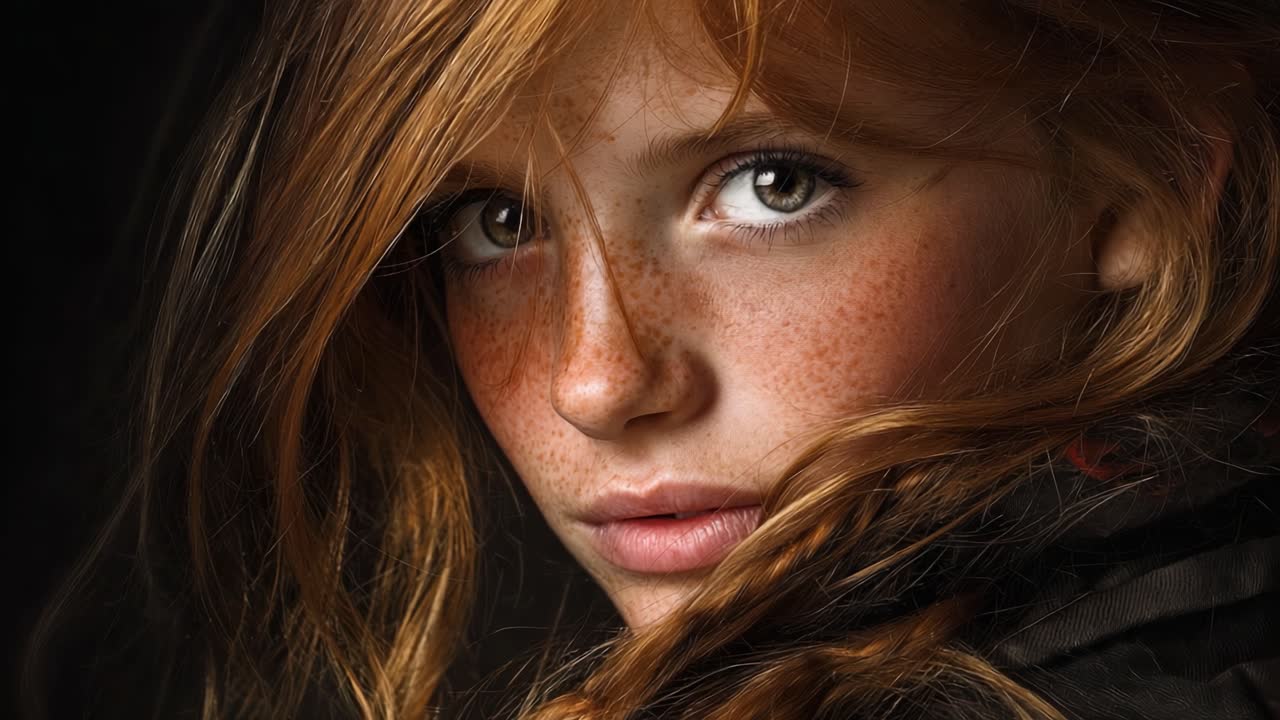 A Captivating Close-Up of a Young Girl With Freckles and Fiery Red Hair, Showcasing Intense Eyes and a Mysterious Expression, Perfect for Evoking Emotion and Connection in Portrait Photography