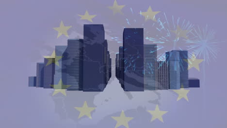 animation of flag of european union, over fireworks and modern high rise buildings