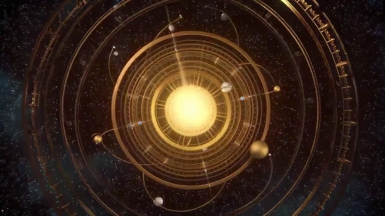 Modello intricato di orrery dorato del Sistema Solare in rotazione nello spazio
