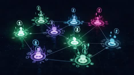a dynamic representation of a network with colorful connections and interactions among digital user icons in a futuristic space environment