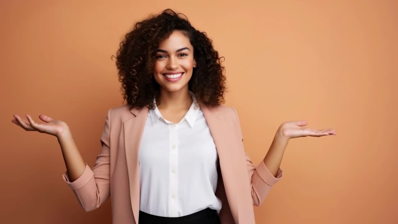 Smiling woman in a peach blazer poses confidently against an orange backdrop