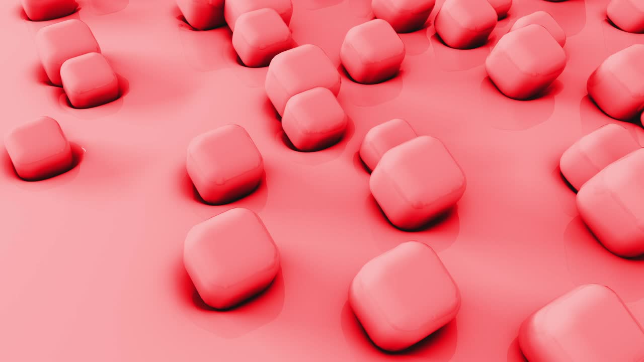 Abstract 3d shapes red cubes flying on soft surface. 4k render animatioon. Looping footage.