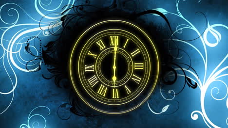animation of glowing clock face with roman numerals over abstract blue patterns