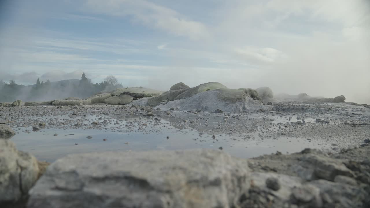 Rotorua steamy geothermal geyser, New Zealand, Slow motion