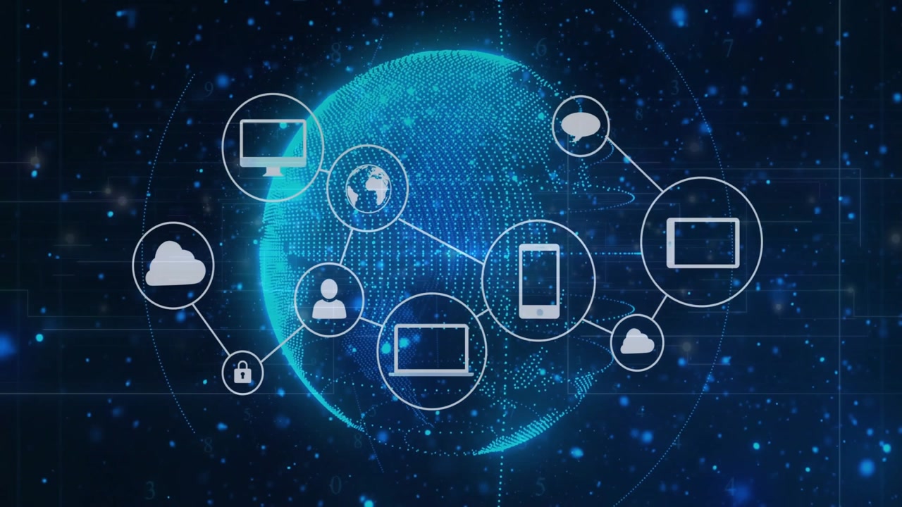 Glowing globe appearing, connecting cloud, padlock, avatar, devices linking network securing data