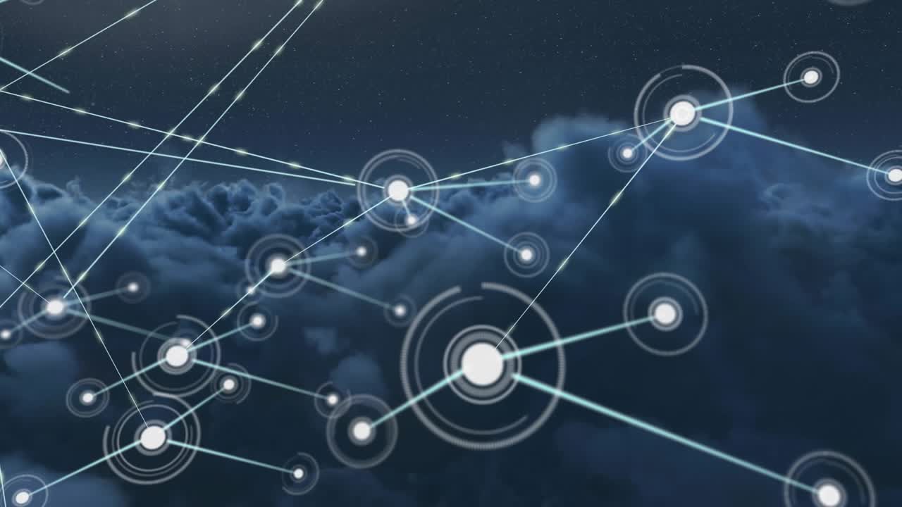 Animation of network of connections against dark clouds in the sky
