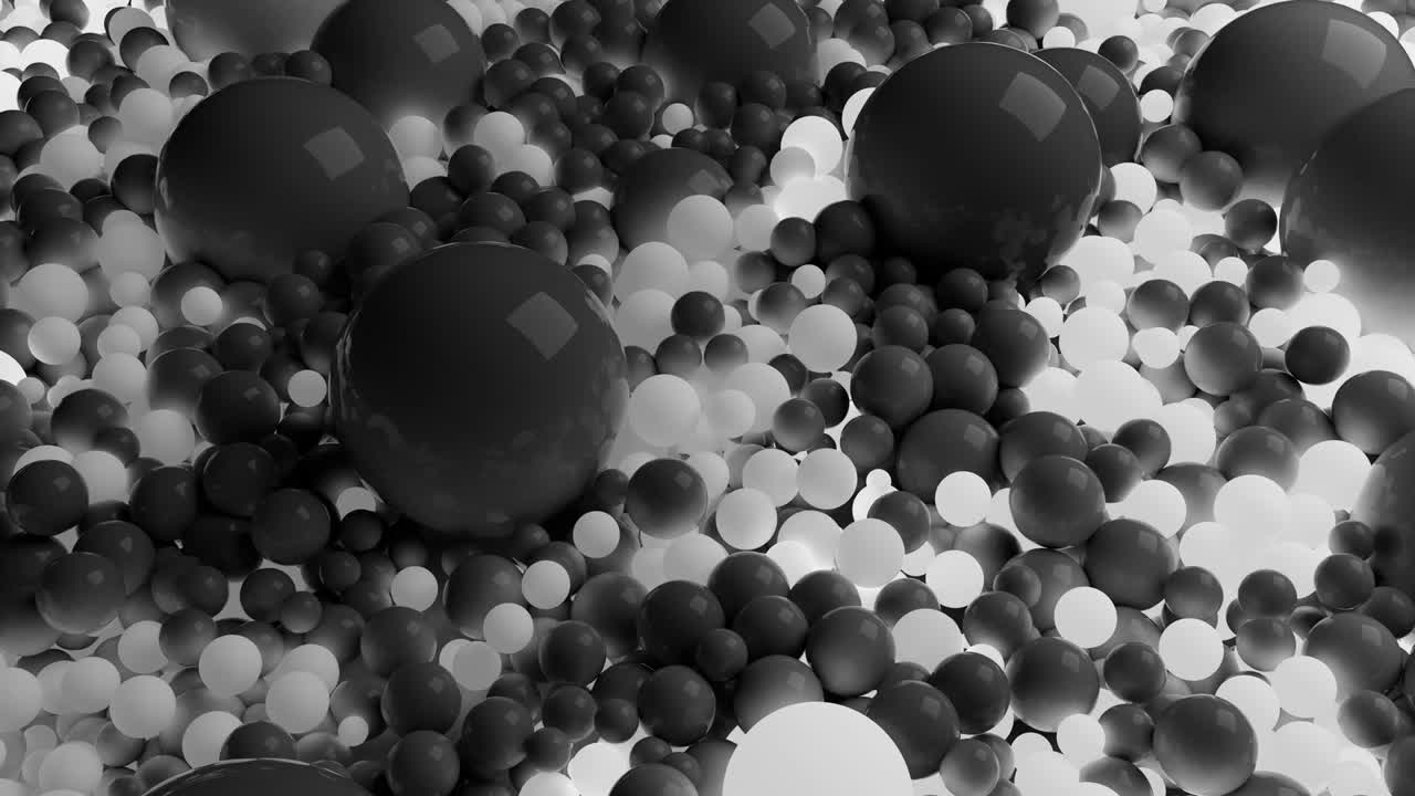 4k 3D seamless loop animation of beautiful gray and white small and large spheres or balls cover plane as abstract geometric background. Some spheres glow. 6