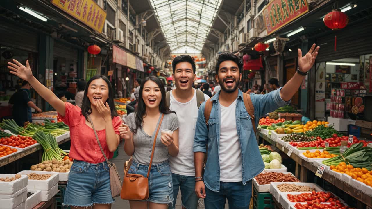 Joyful Friends Celebrate Their Visit to a Vibrant Market, Surrounded by Fresh Produce and Colorful Stalls, Capturing a Moment of Happiness and Togetherness