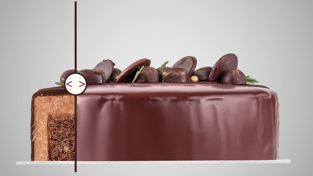 seamless looping slider animation with a half and whole chocolate cake isolated on a gray background. side view of a texture cutaway with layers. many candies decorating the top of the dessert