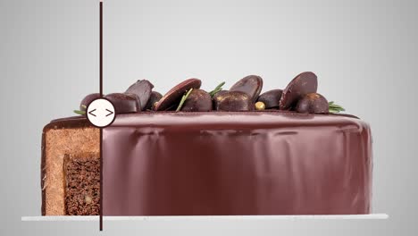 seamless looping slider animation with a half and whole chocolate cake isolated on a gray background. side view of a texture cutaway with layers. many candies decorating the top of the dessert