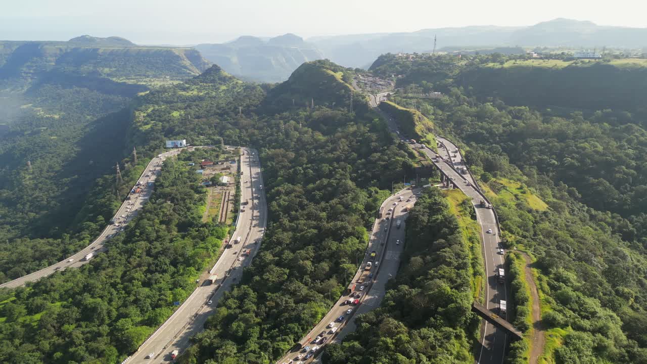 national highway48 in beautiful winter season lonavala hills drone moving back view in maharashtra