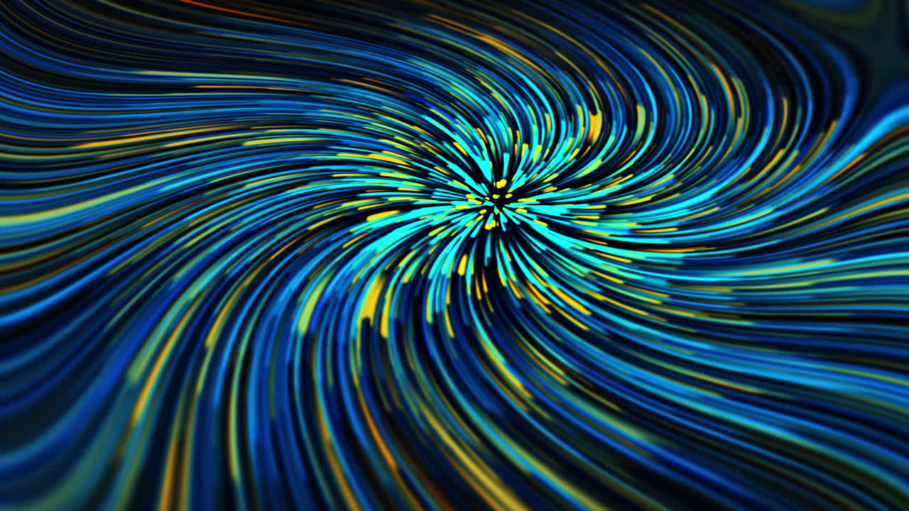 Colorful neon vortex of blue and yellow moving rays. Abstract futuristic animation. Looped motion.