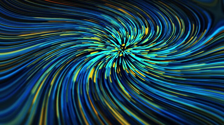 Colorful neon vortex of blue and yellow moving rays. Abstract futuristic animation. Looped motion.