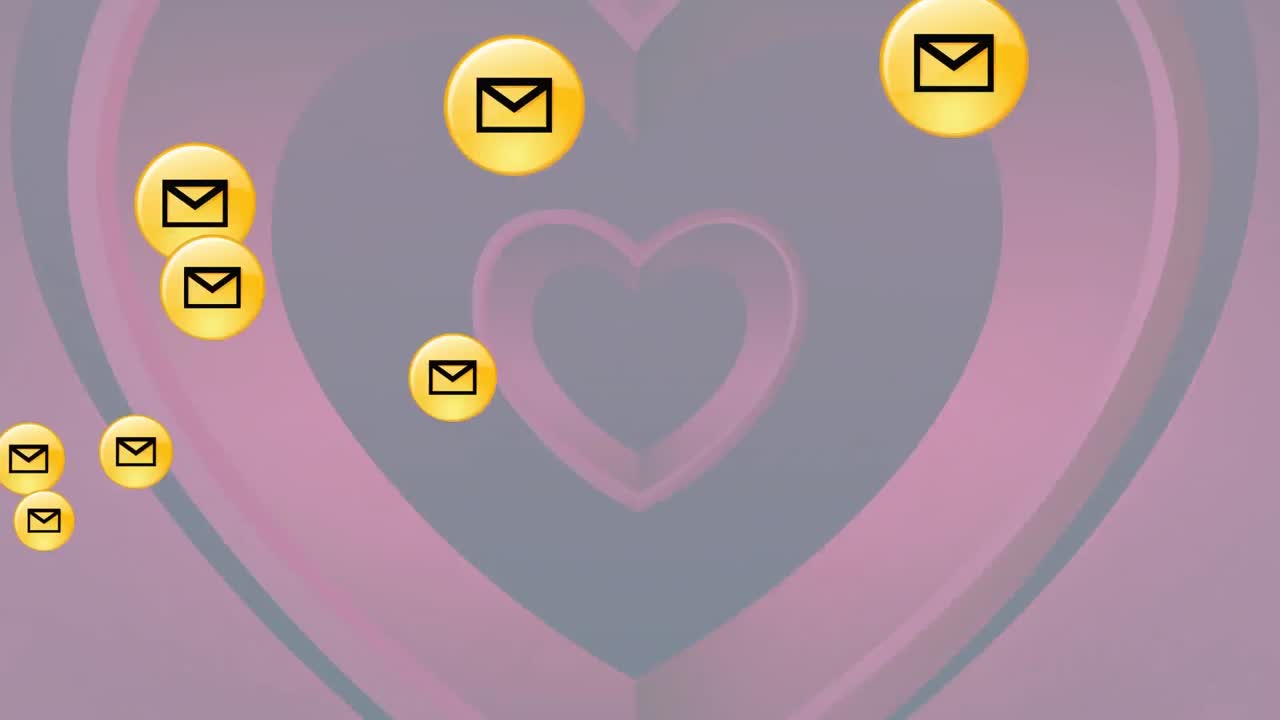 múltiples iconos de mensajes flotando sobre corazones rojos concéntricos contra un fondo negro