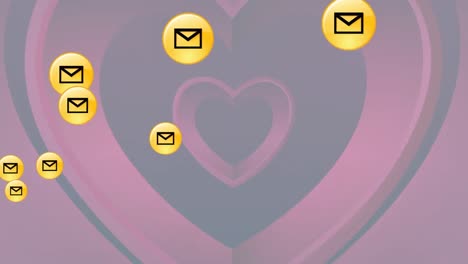 multiple message icons floating over concentric red hearts against black background