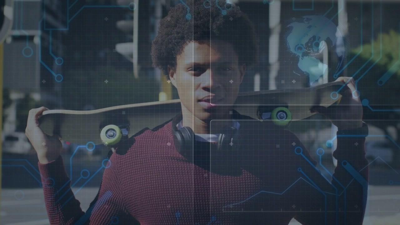 Vertical video: Holding board, man wearing maroon sweater turning as code overlays appear on street
