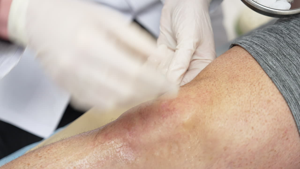 Plasma concentration is injected to an injured knee to accelerate the healing of damaged tendons, ligaments, muscles, bones and joints. Close up. PRP therapy in hospital.