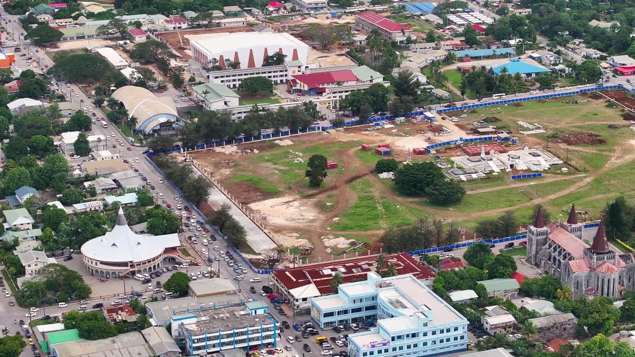 Royal Tombs and park under construction in Nuku'alofa, Tonga. Historic landmark. Aerial cityscape.