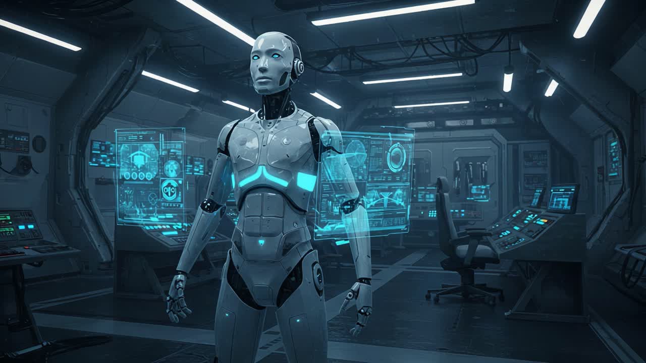 Futuristic Robot in a High-Tech Control Room Engaged with Advanced Displays and Interactive Interfaces for Data Processing and Analytics