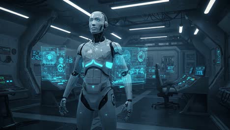 futuristic robot in a high-tech control room engaged with advanced displays and interactive interfaces for data processing and analytics