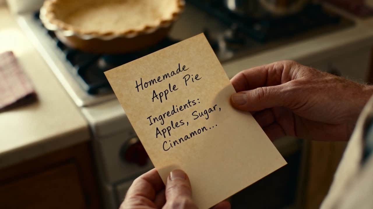 Man's hands holding handwritten recipe card in kitchen, checking ingredients before assembling pie