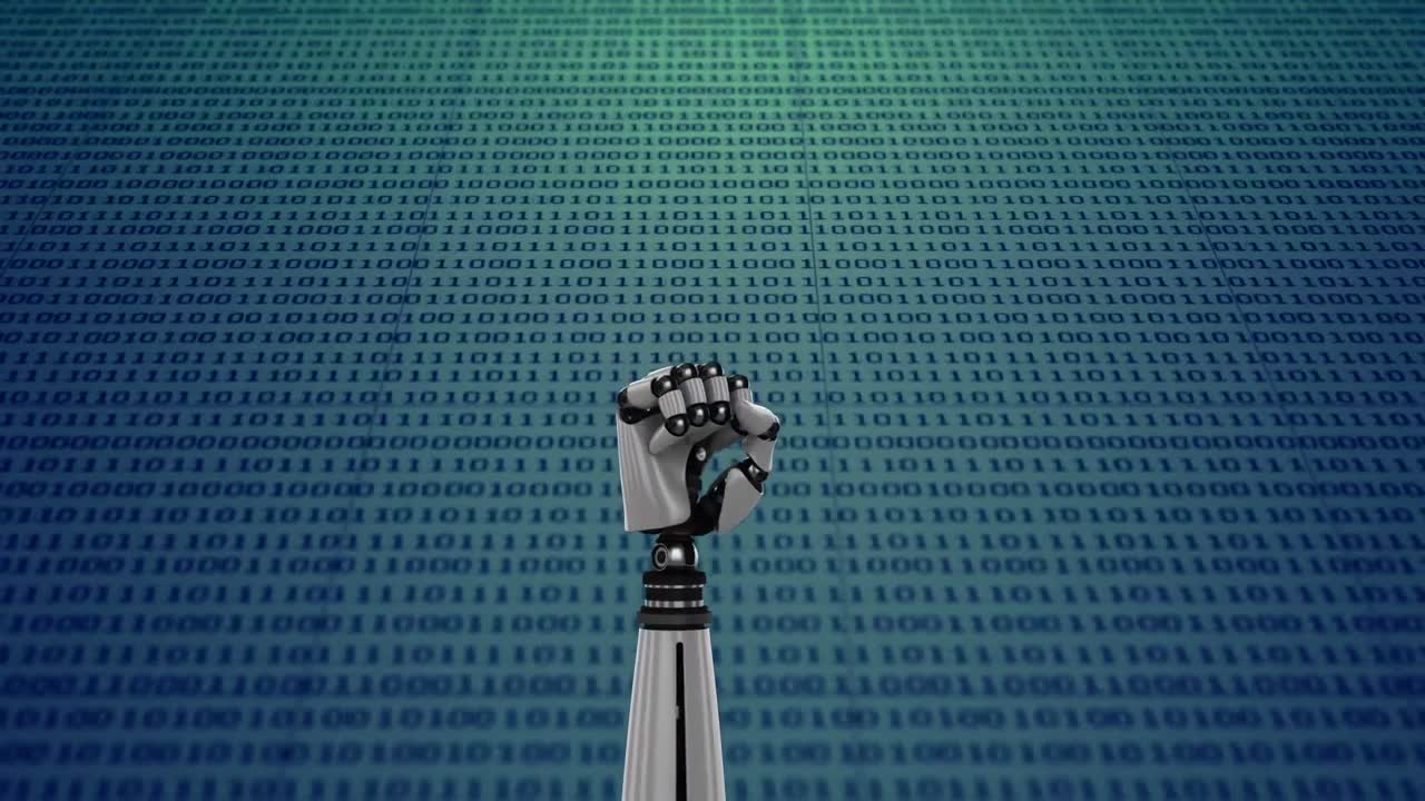 mano de robot giratoria con códigos binarios